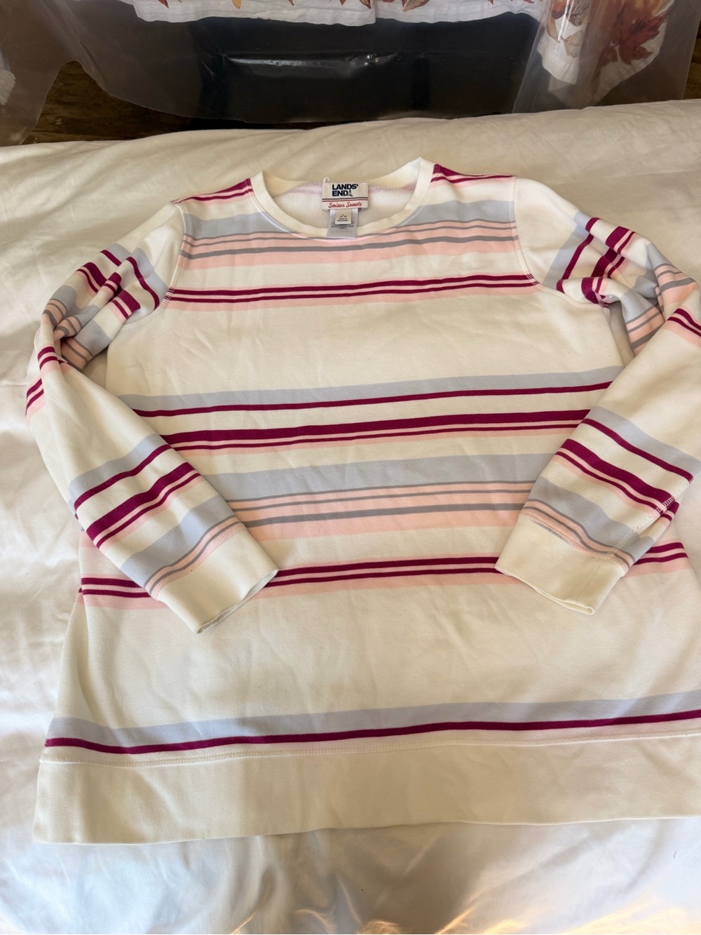 Lands' End Cream Long-Sleeve Tee with Pink & Purple Stripes size L